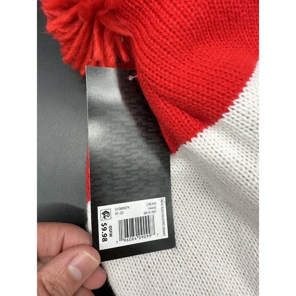 Sock Hat Hearts Pom Pom Beanie Red Hearts White Color Block Fluffy Womens Cute - Picture 7 of 9